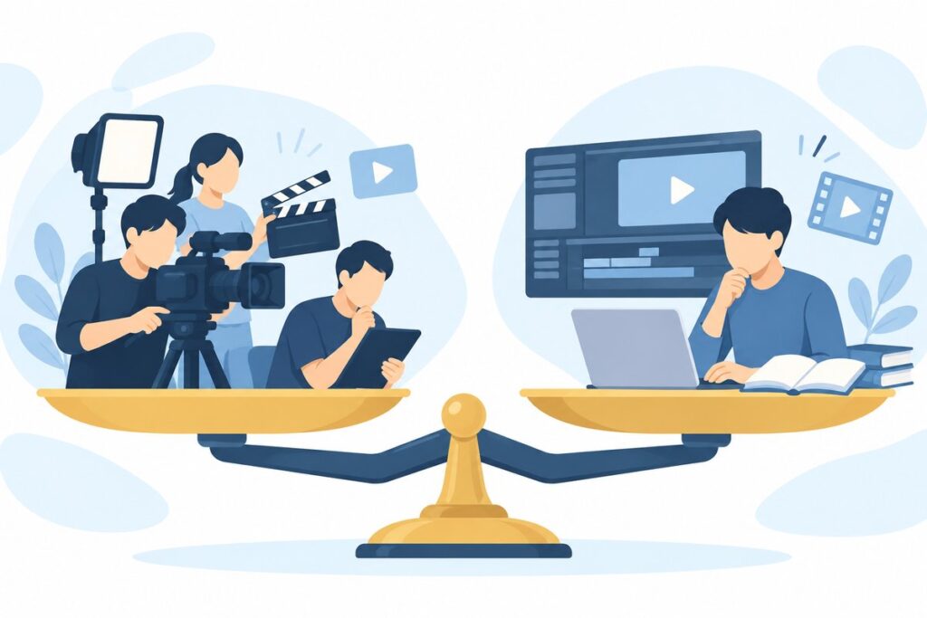 サービス紹介動画の外注と内製を比較するイメージ
