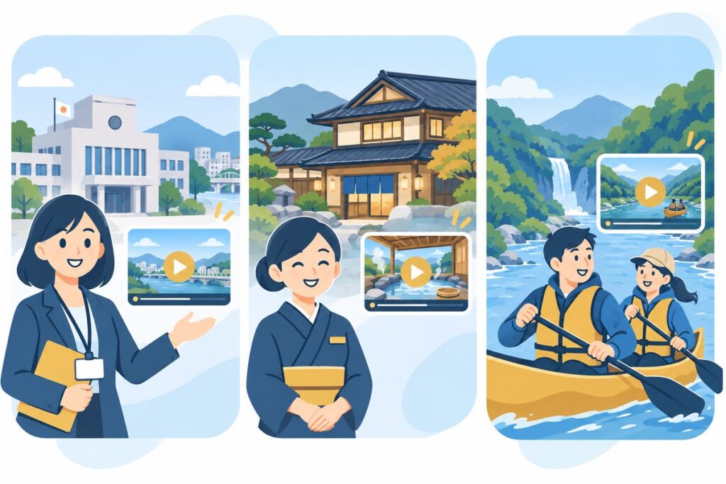 自治体・旅館・体験型観光での観光PR動画の活用イメージ