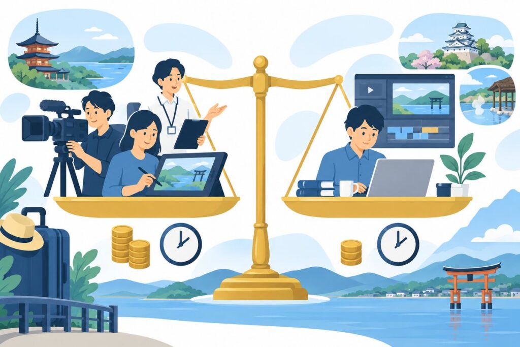 観光PR動画の外注と内製を比較するイメージ